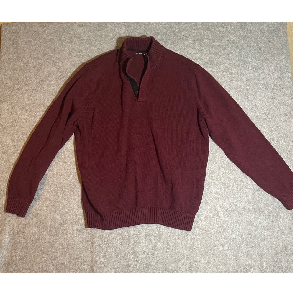 IZOD Mens XL Burgundy Maroon Quarter Button Mock Neck Knit Pullover Sweater
